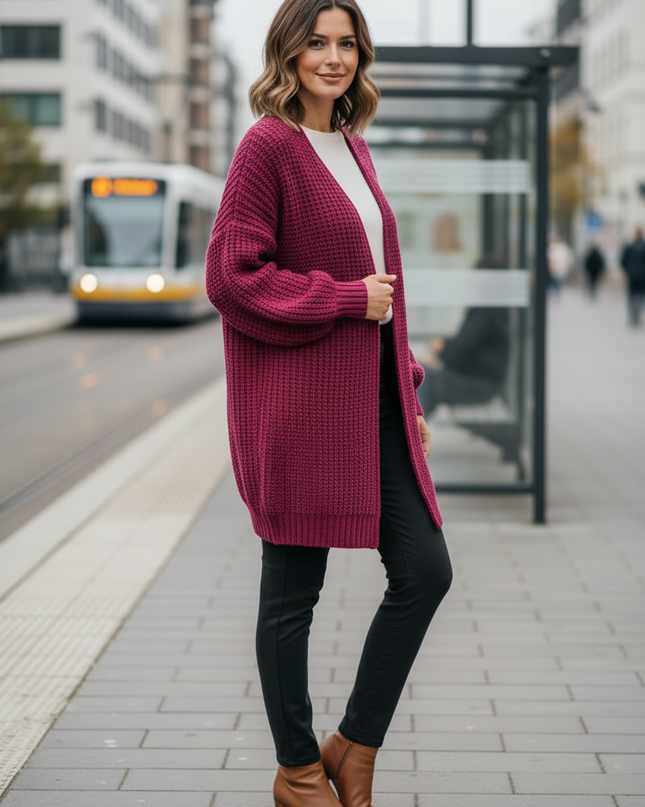 Magentafarbener Oversize Strickmantel mit Ballonärmeln - Ansicht 3