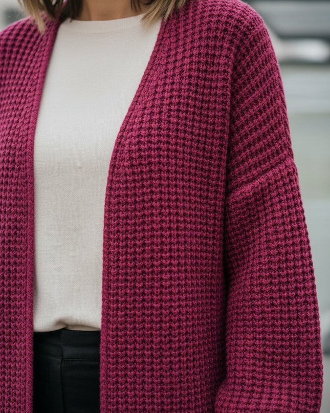 Magentafarbener Oversize Strickmantel mit Ballonärmeln - Ansicht 4
