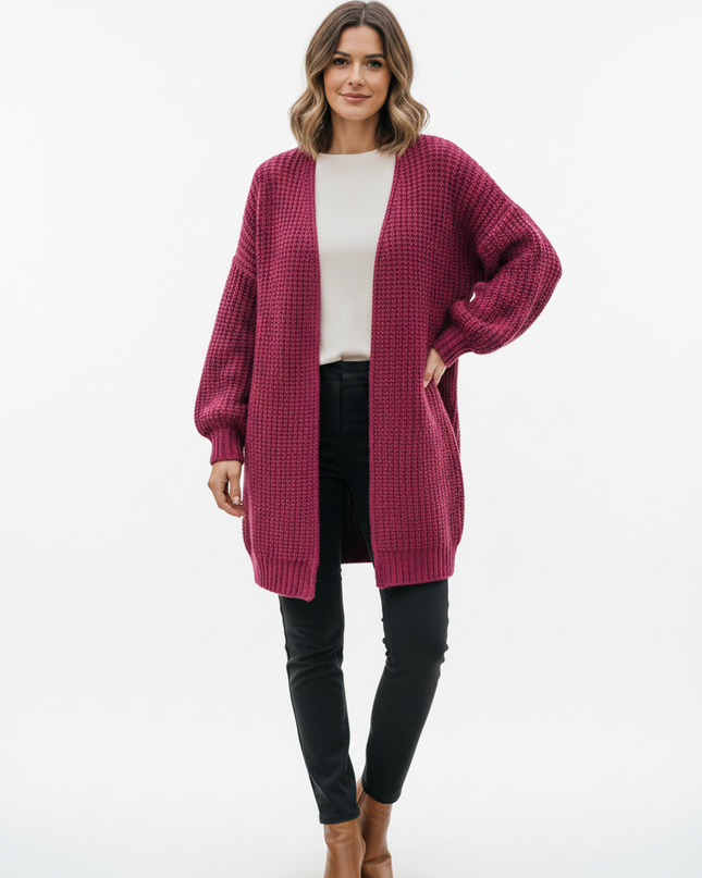 Magentafarbener Oversize Strickmantel mit Ballonärmeln - Ansicht 5