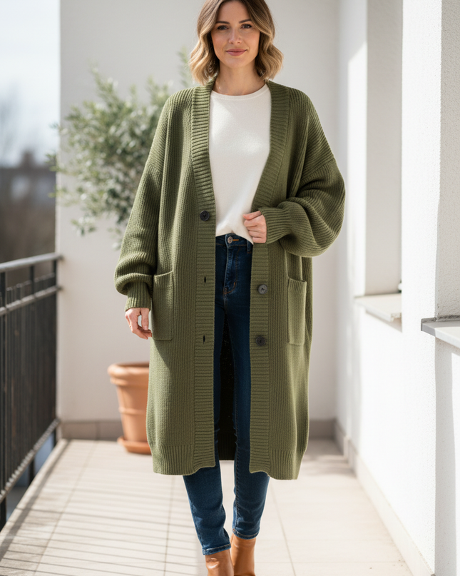 olivgrüner strickmantel knielang: Oversize mit V-Ausschnitt - Ansicht 1