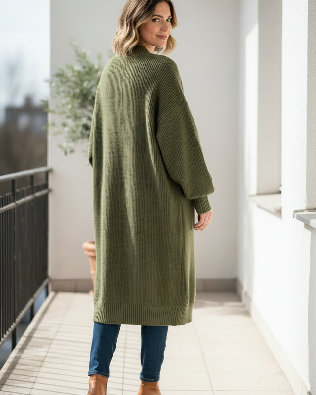 olivgrüner strickmantel knielang: Oversize mit V-Ausschnitt - Ansicht 2
