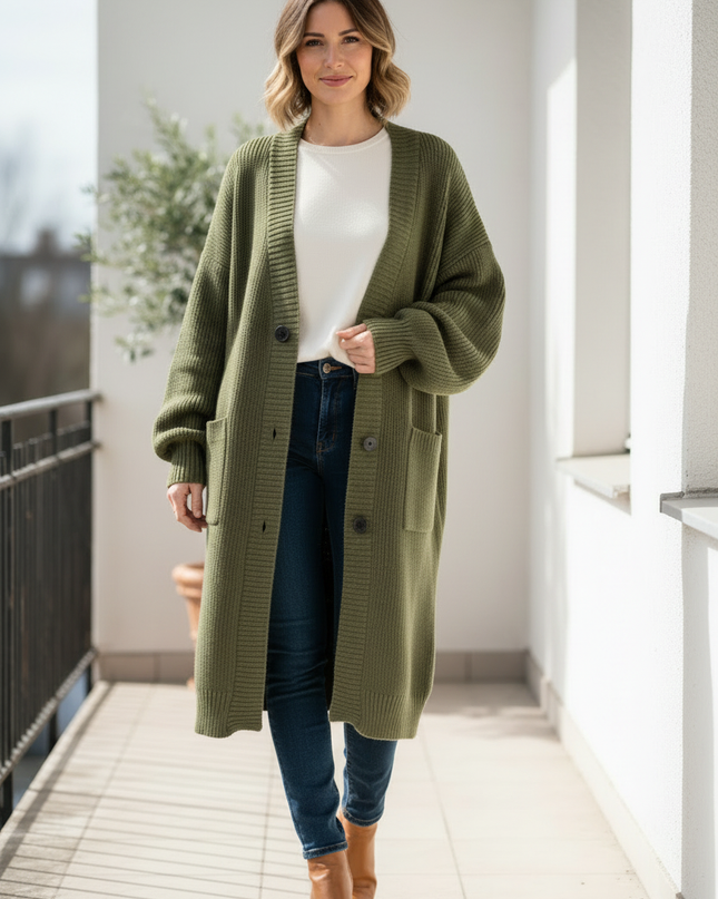olivgrüner strickmantel knielang: Oversize mit V-Ausschnitt - Ansicht 3