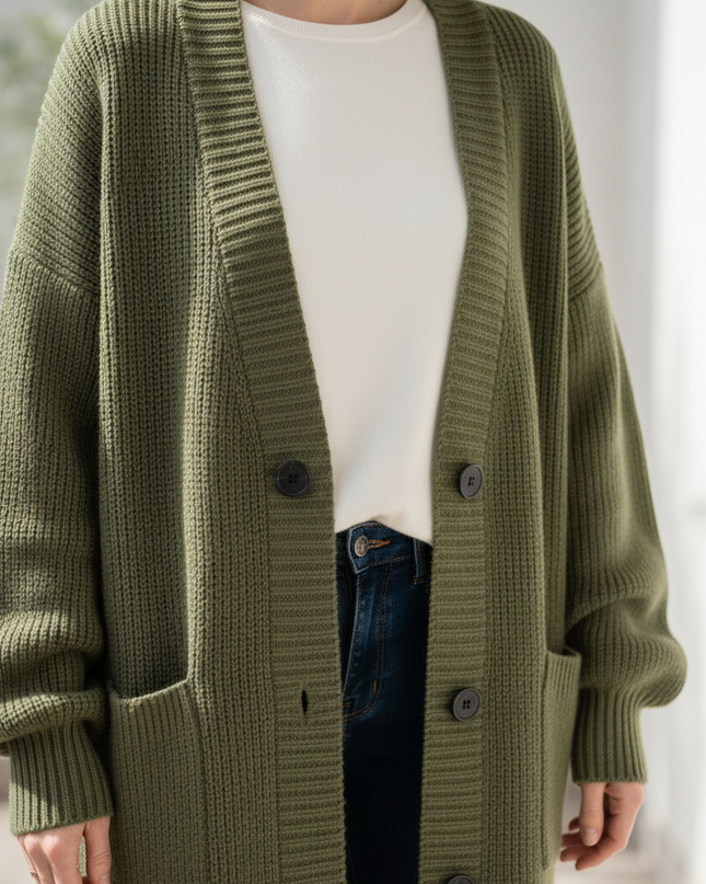 olivgrüner strickmantel knielang: Oversize mit V-Ausschnitt - Ansicht 4