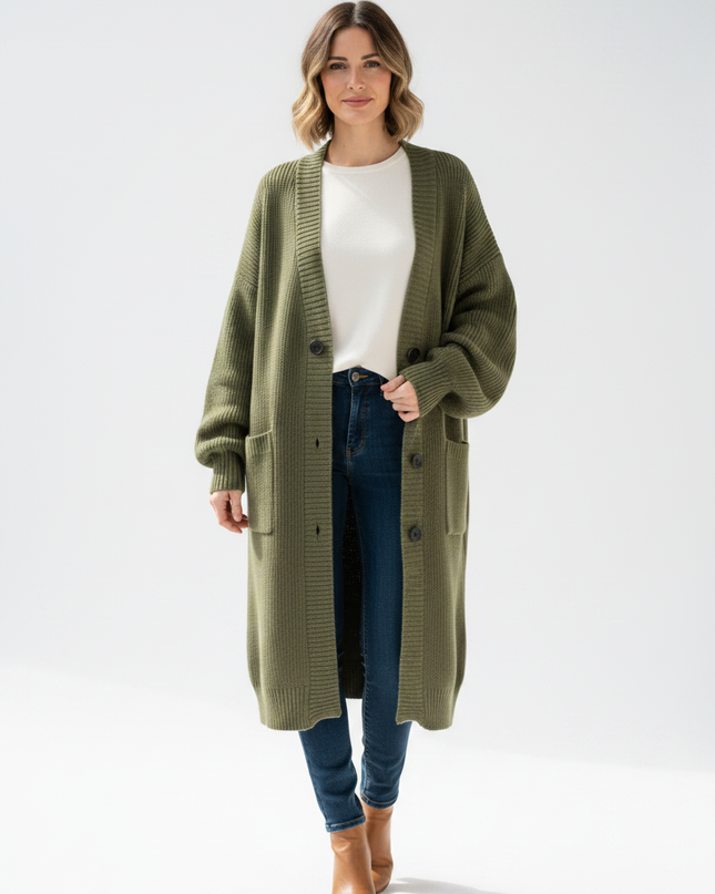 olivgrüner strickmantel knielang: Oversize mit V-Ausschnitt - Ansicht 5