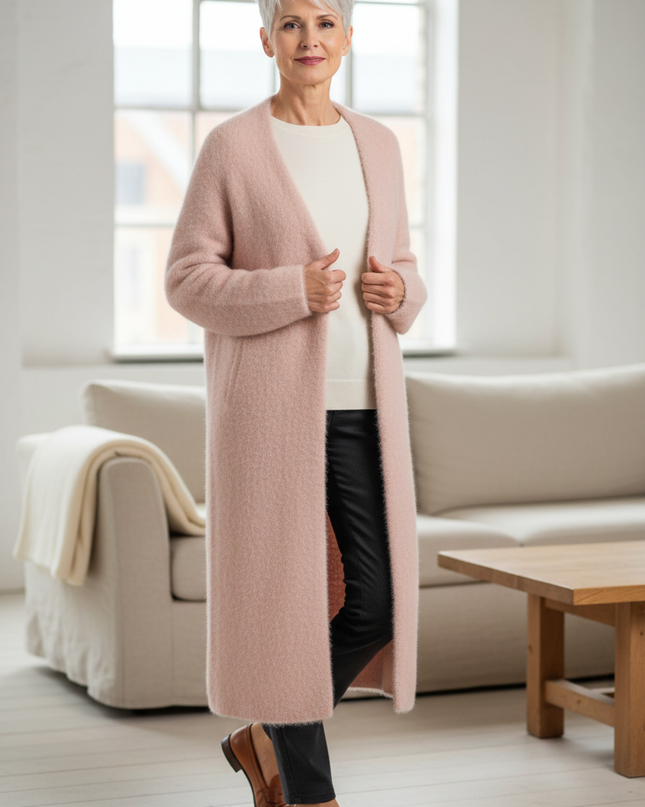 Rosa flauschiger Strickmantel Oversize für kalte Tage - Ansicht 1