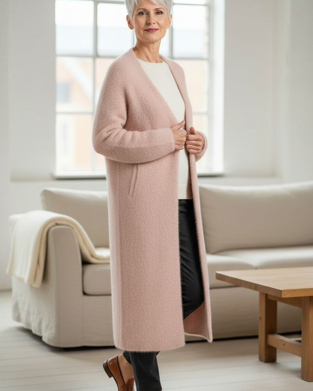 Rosa flauschiger Strickmantel Oversize für kalte Tage - Ansicht 3
