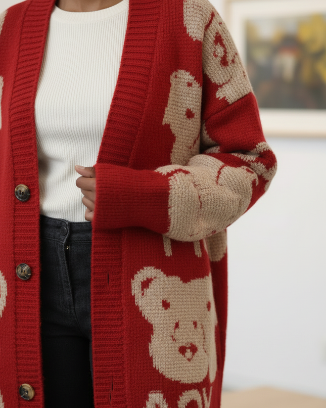 Roter Strickmantel mit Bären Print - Oversize & Knopfleiste - Ansicht 4
