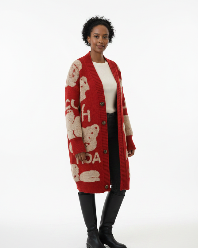 Roter Strickmantel mit Bären Print - Oversize & Knopfleiste - Ansicht 5