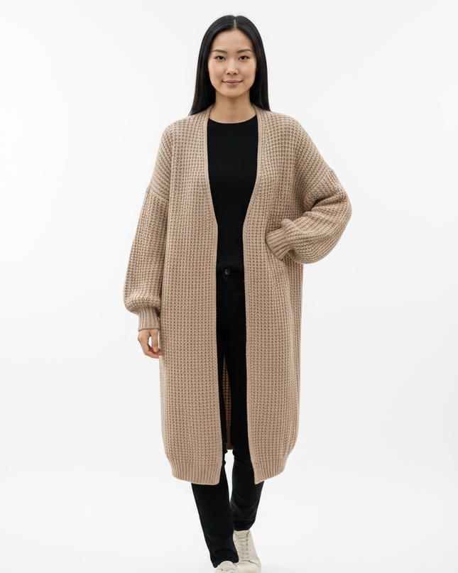 Sandfarbener Oversize Strickmantel mit Ballonärmeln - Ansicht 5