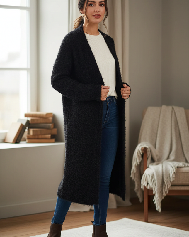 Schwarzer flauschiger Oversize Strickmantel lang - Ansicht 1