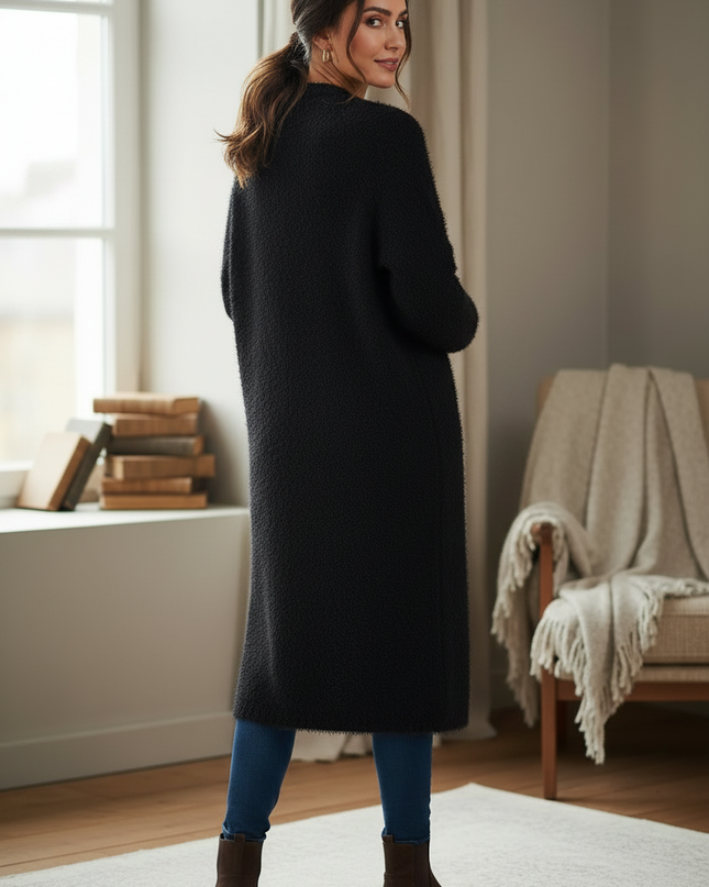 Schwarzer flauschiger Oversize Strickmantel lang - Ansicht 2