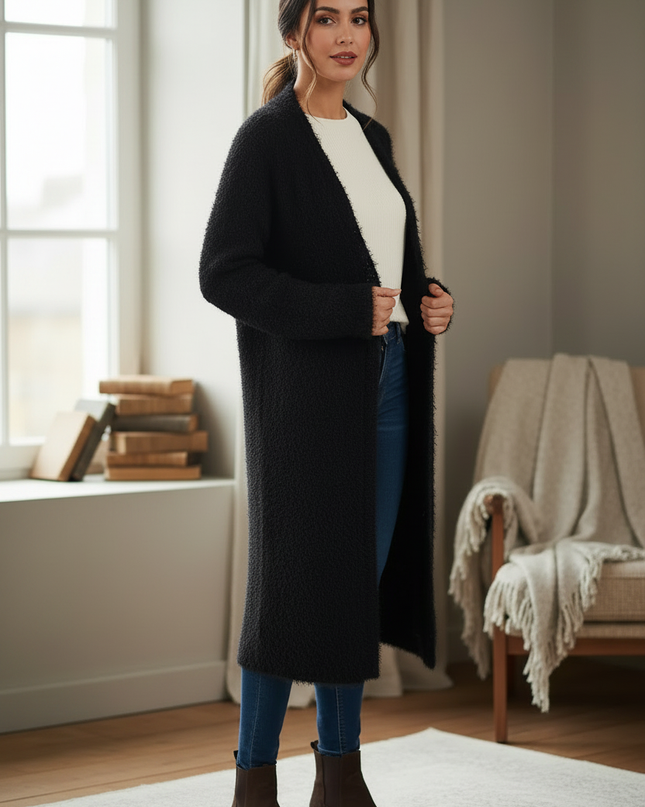 Schwarzer flauschiger Oversize Strickmantel lang - Ansicht 3