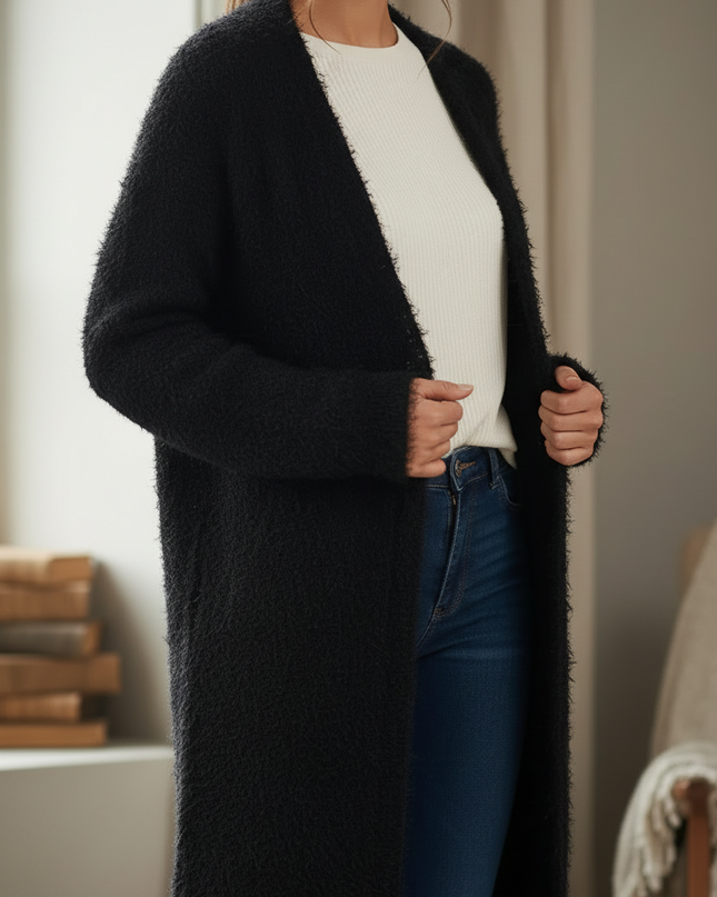 Schwarzer flauschiger Oversize Strickmantel lang - Ansicht 4