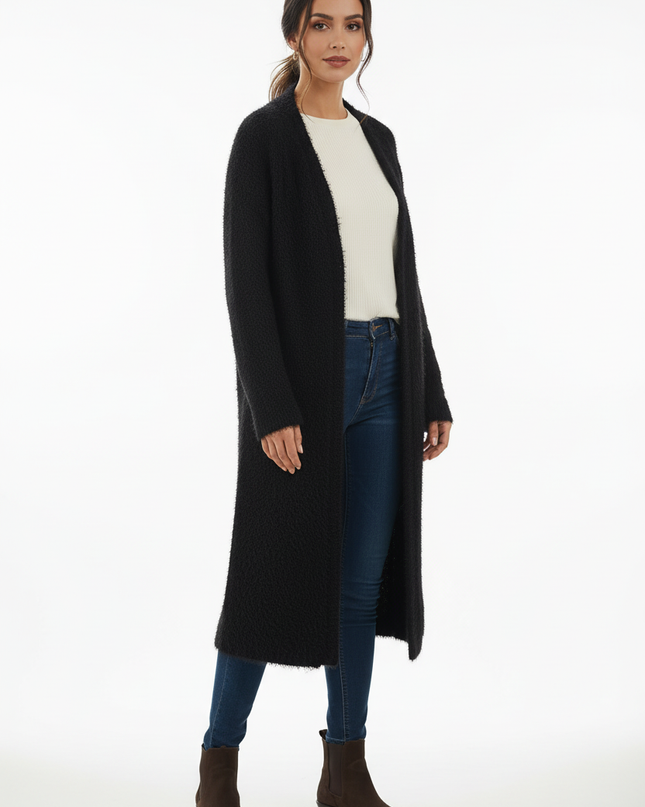Schwarzer flauschiger Oversize Strickmantel lang - Ansicht 5
