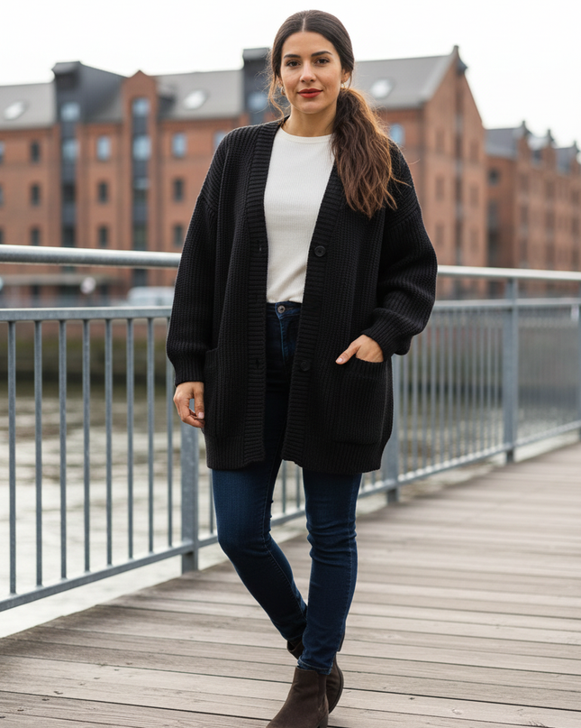 Schwarzer Oversize Strickmantel mit Taschen - bequem & warm - Ansicht 1