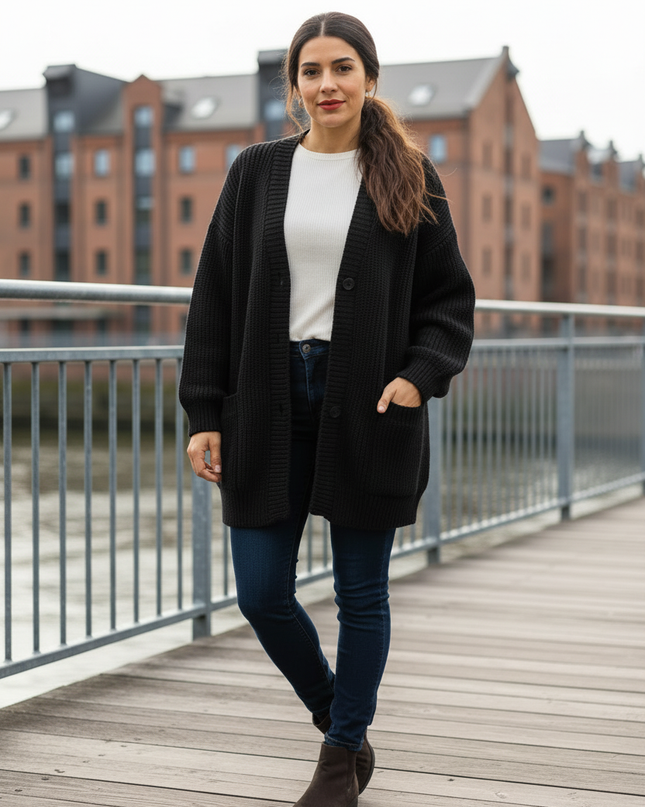 Schwarzer Oversize Strickmantel mit Taschen - bequem & warm - Ansicht 3