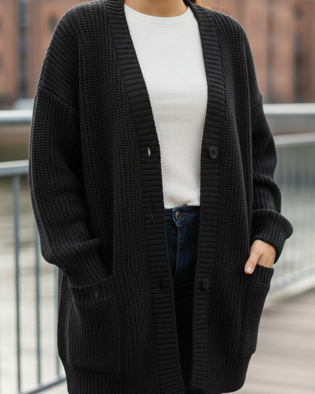 Schwarzer Oversize Strickmantel mit Taschen - bequem & warm - Ansicht 4