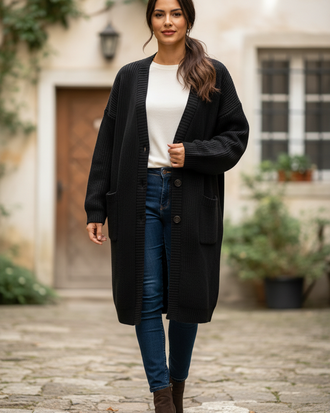 Schwarzer Strickmantel knielang - Oversize mit Taschen - Ansicht 1