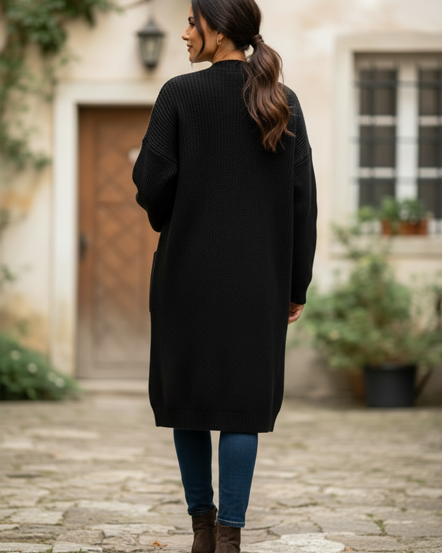 Schwarzer Strickmantel knielang - Oversize mit Taschen - Ansicht 2