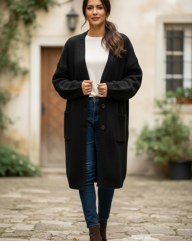 Schwarzer Strickmantel knielang - Oversize mit Taschen - Ansicht 3