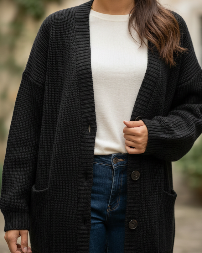 Schwarzer Strickmantel knielang - Oversize mit Taschen - Ansicht 4
