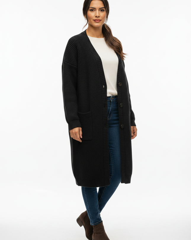 Schwarzer Strickmantel knielang - Oversize mit Taschen - Ansicht 5