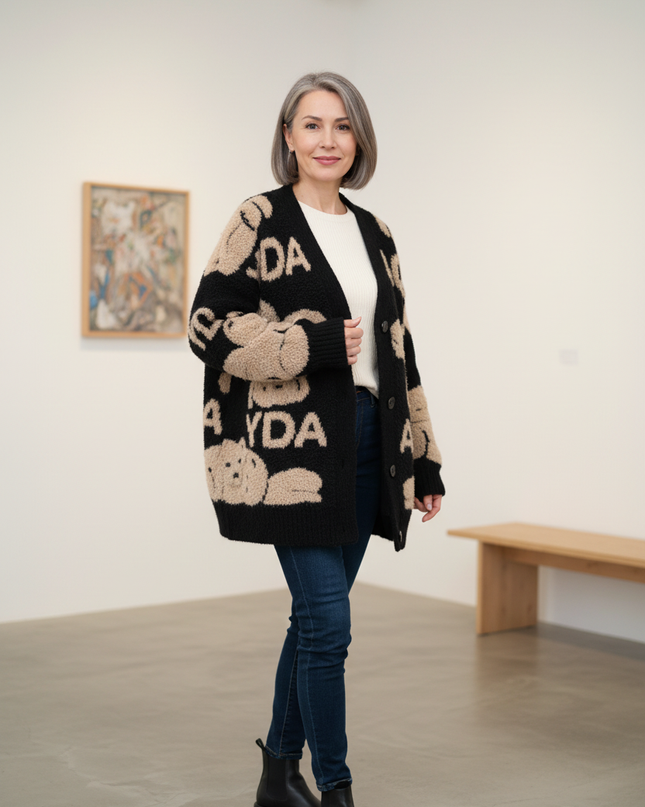 Schwarzer Strickmantel mit Bären Print - Oversize - Ansicht 1