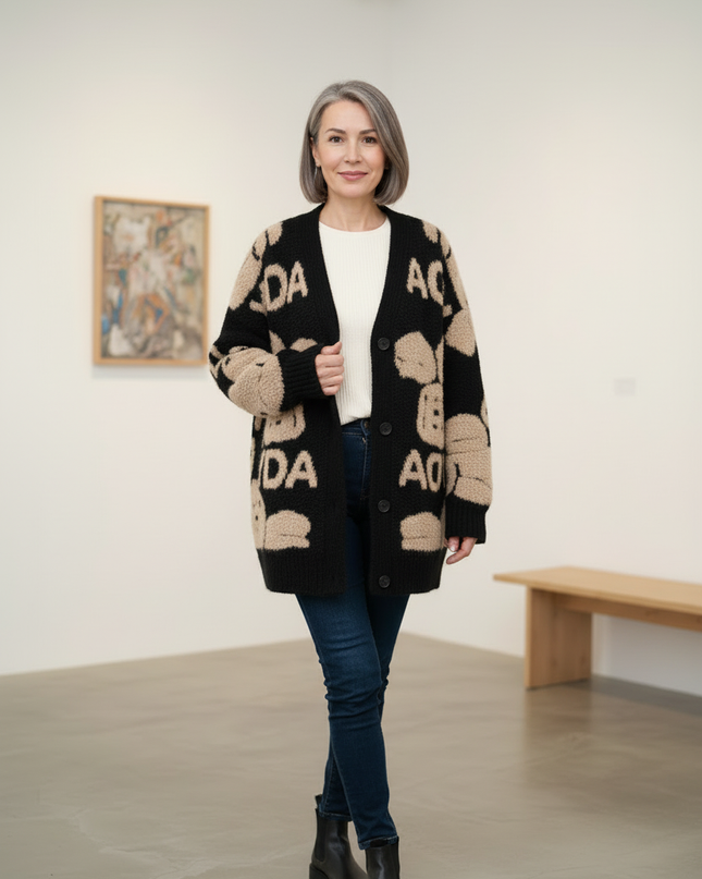 Schwarzer Strickmantel mit Bären Print - Oversize - Ansicht 3