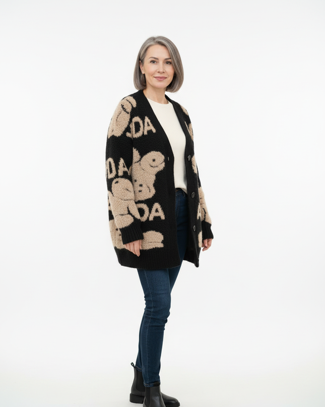 Schwarzer Strickmantel mit Bären Print - Oversize - Ansicht 5
