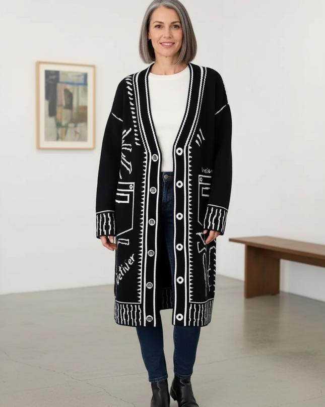 Schwarzer Strickmantel mit Graffiti Print - Oversize - Ansicht 1