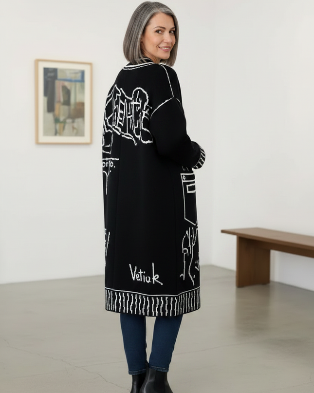 Schwarzer Strickmantel mit Graffiti Print - Oversize - Ansicht 2
