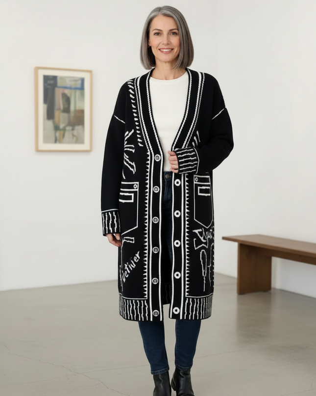 Schwarzer Strickmantel mit Graffiti Print - Oversize - Ansicht 3