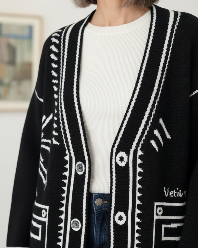 Schwarzer Strickmantel mit Graffiti Print - Oversize - Ansicht 4