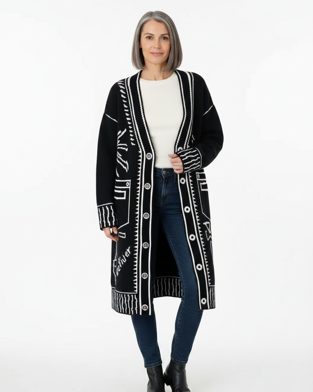 Schwarzer Strickmantel mit Graffiti Print - Oversize - Ansicht 5