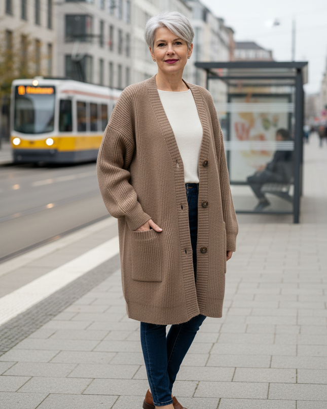 Taupefarbener Oversize Strickmantel mit Taschen - Ansicht 1