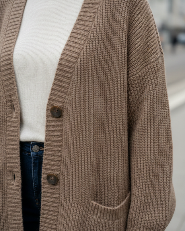 Taupefarbener Oversize Strickmantel mit Taschen - Ansicht 4