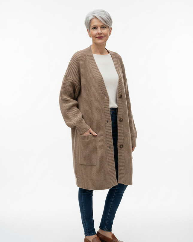 Taupefarbener Oversize Strickmantel mit Taschen - Ansicht 5