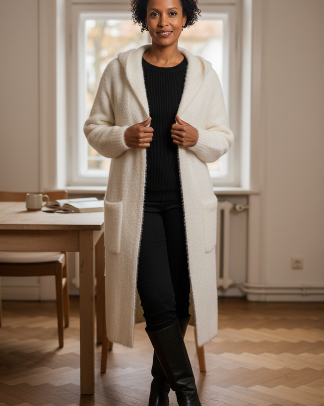Weißer flauschiger Strickmantel mit Kapuze - warm & - Ansicht 1