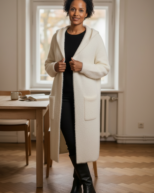Weißer flauschiger Strickmantel mit Kapuze - warm & - Ansicht 3