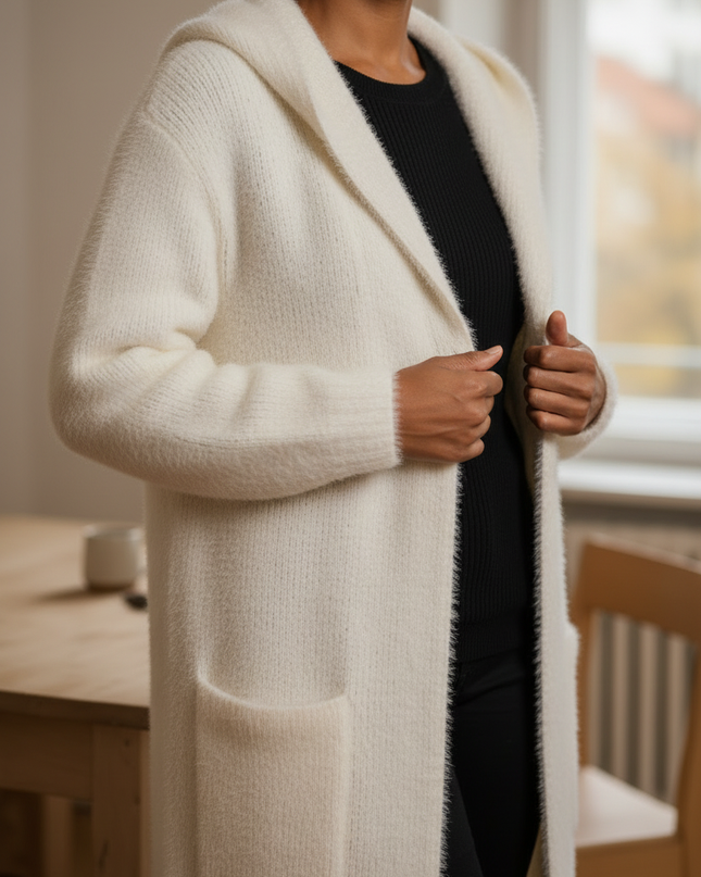 Weißer flauschiger Strickmantel mit Kapuze - warm & - Ansicht 4