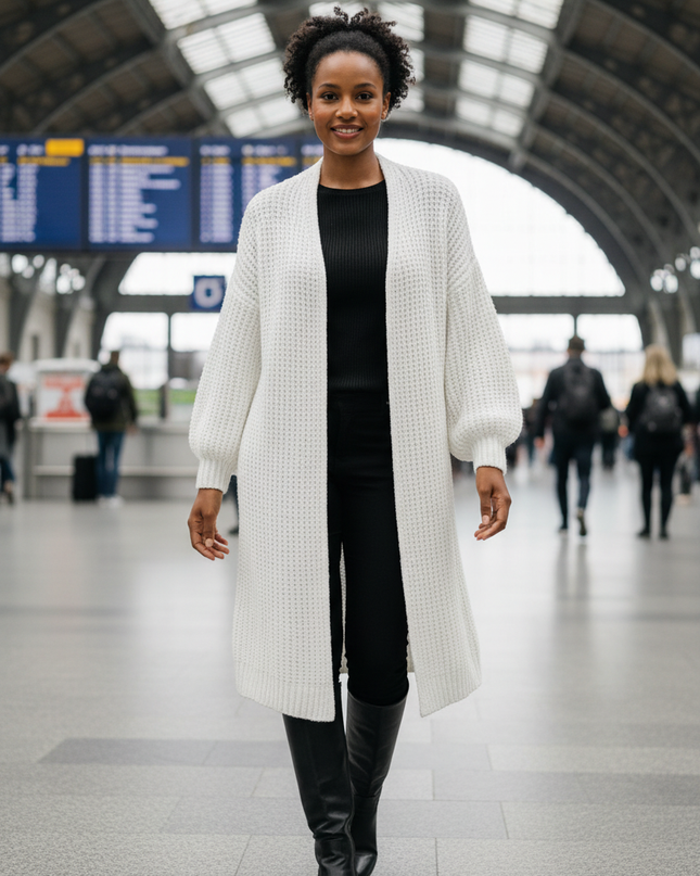 Weißer Oversize Strickmantel mit Ballonärmeln - Ansicht 1