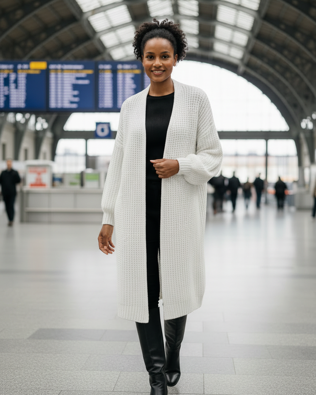 Weißer Oversize Strickmantel mit Ballonärmeln - Ansicht 3