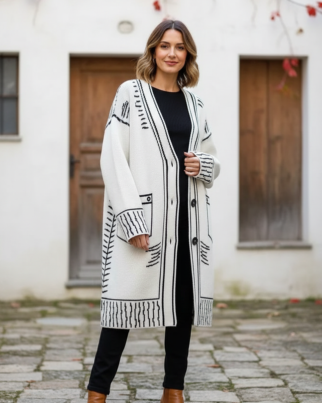 Weißer Strickmantel mit Graffiti Print - Oversize - Ansicht 1