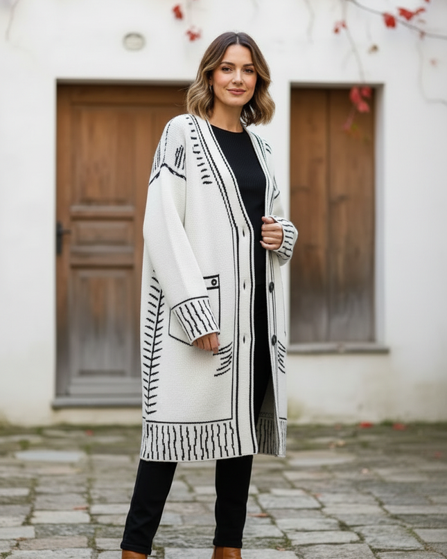 Weißer Strickmantel mit Graffiti Print - Oversize - Ansicht 3